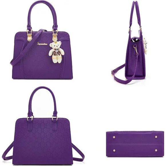 Women's Purple Faux Leather Top Handle High Quality Smooth Zippers Tote Bag - Picture 3 of 7